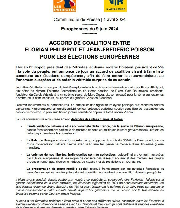 [Communiqué de presse] Accord de coalition entre Florian Philippot et Jean-Frédéric Poisson pour les élections européennes